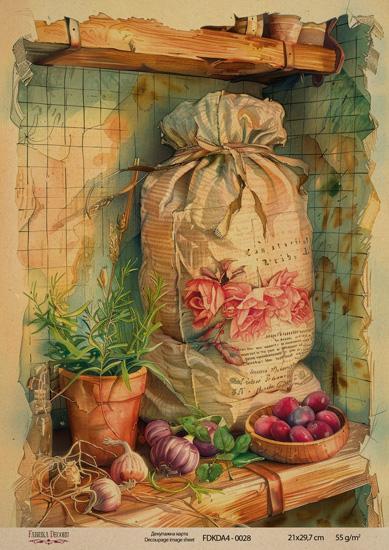 Декупажна карта на крафт паперу 21x29,7 см, Ботаніка Вінтаж, #0028