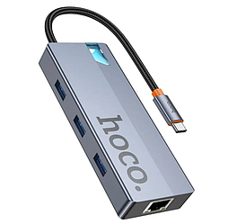 HUB адаптер 6 в 1 Hoco HB51 HDTV, RJ45, Type-C, 3USB3.0, сірий
