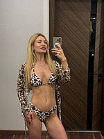 Леопардовий купальник з топом на завязкх, купальник бразильяна трійка