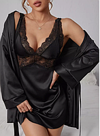 Жіночий піжамний комплект для сну, халат і сорочка чорного кольроу