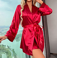 Жіночий піжамний комплект для сну, халат і сорочка бордового кольроу