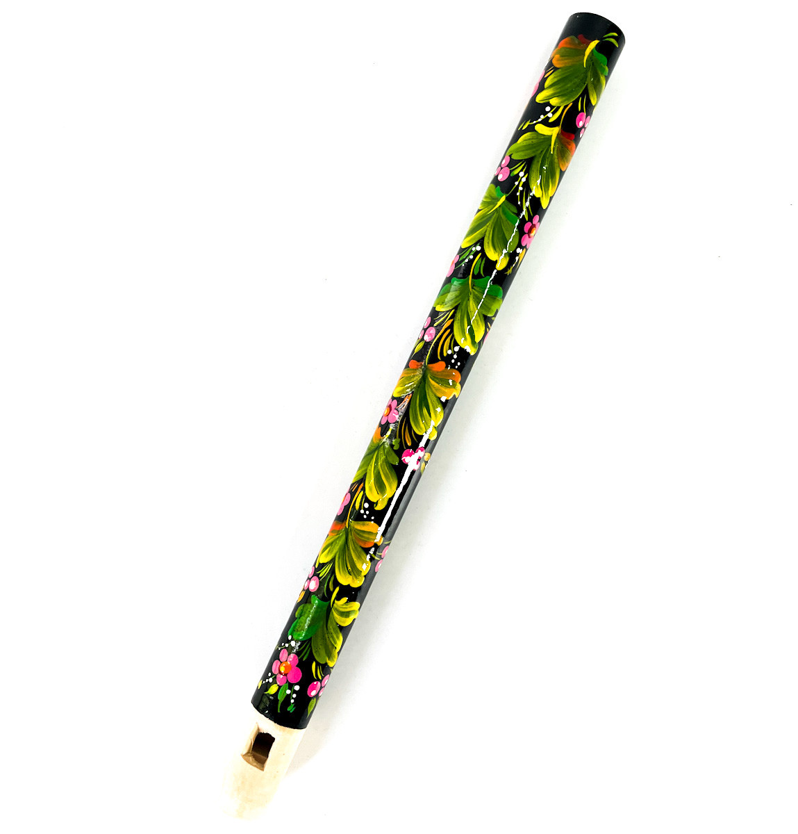 Сопілка дитяча дерев'яна Петриківський розпис чорна 25см КВІТИ УКРАЇНИ дудочка Український сувенір, фото 1