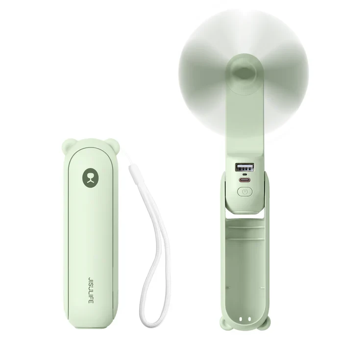 Ручний вентилятор JISULIFE Life8, 12-21 год автономності, 2000 мАг, Power Bank, LED ліхтарик, 2 швидкості, салатовий