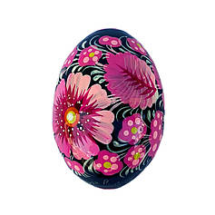 Дерев'яне яйце розписане "Чорний фон, рожева гама" 6*4,5 см., з петриківським розписом, ручної роботи.