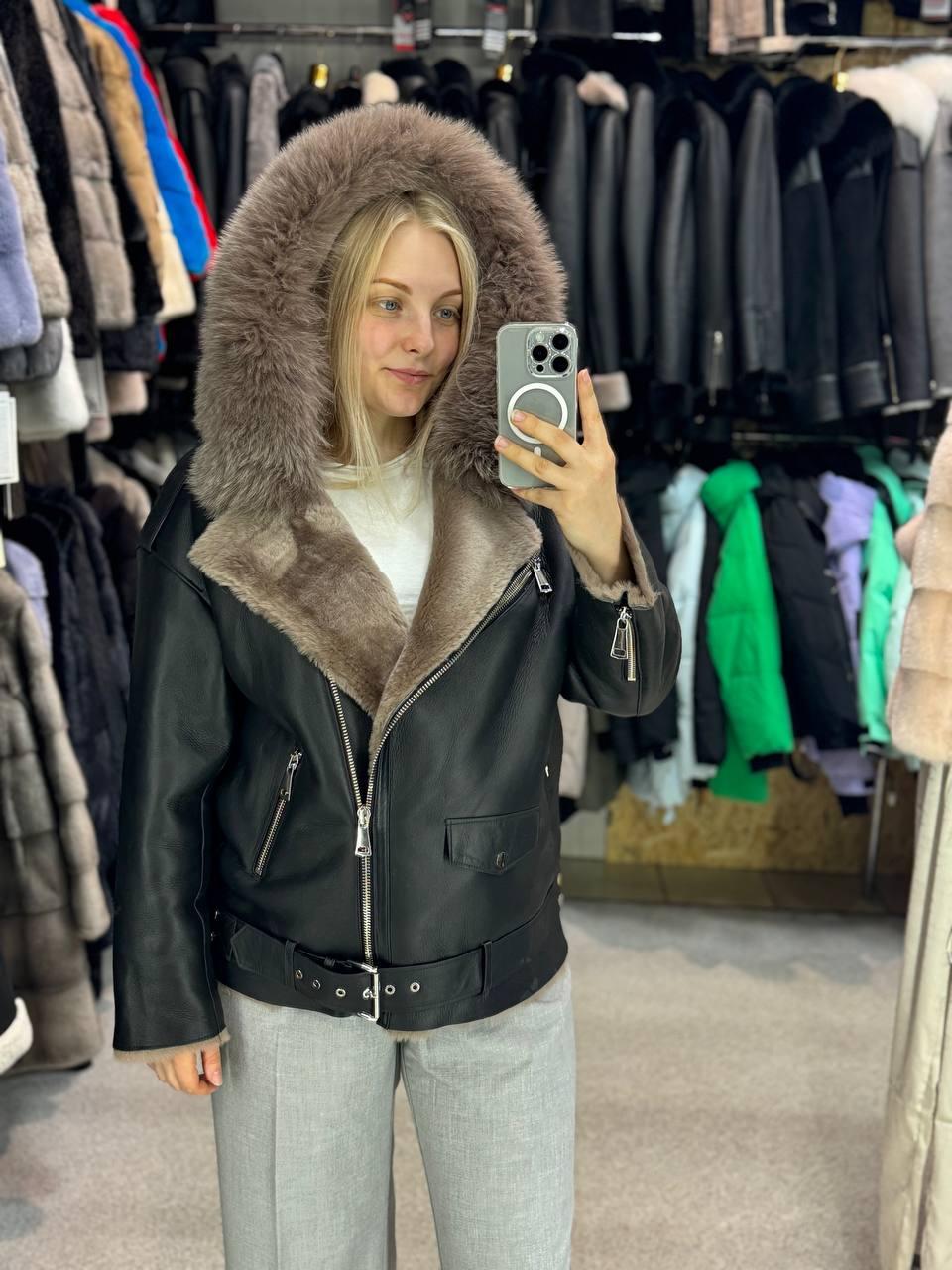 Стильна Натуральна Дублянка-косуха з хутром песця на капішоні M/L, фото 1