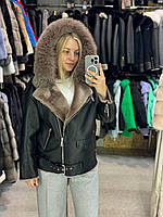 Стильна Натуральна Дублянка-косуха з хутром песця на капішоні XS/S