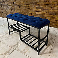 Банкетка в стилі LOFT із синього велюру топ на металевому каркасі з поличками для взуття