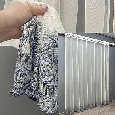 Готова тюль (3,5х2,5м.) "Грек-сітка" з вишивкою і люрексом. Колір молочний з сірим. Код 1693т 42-0807