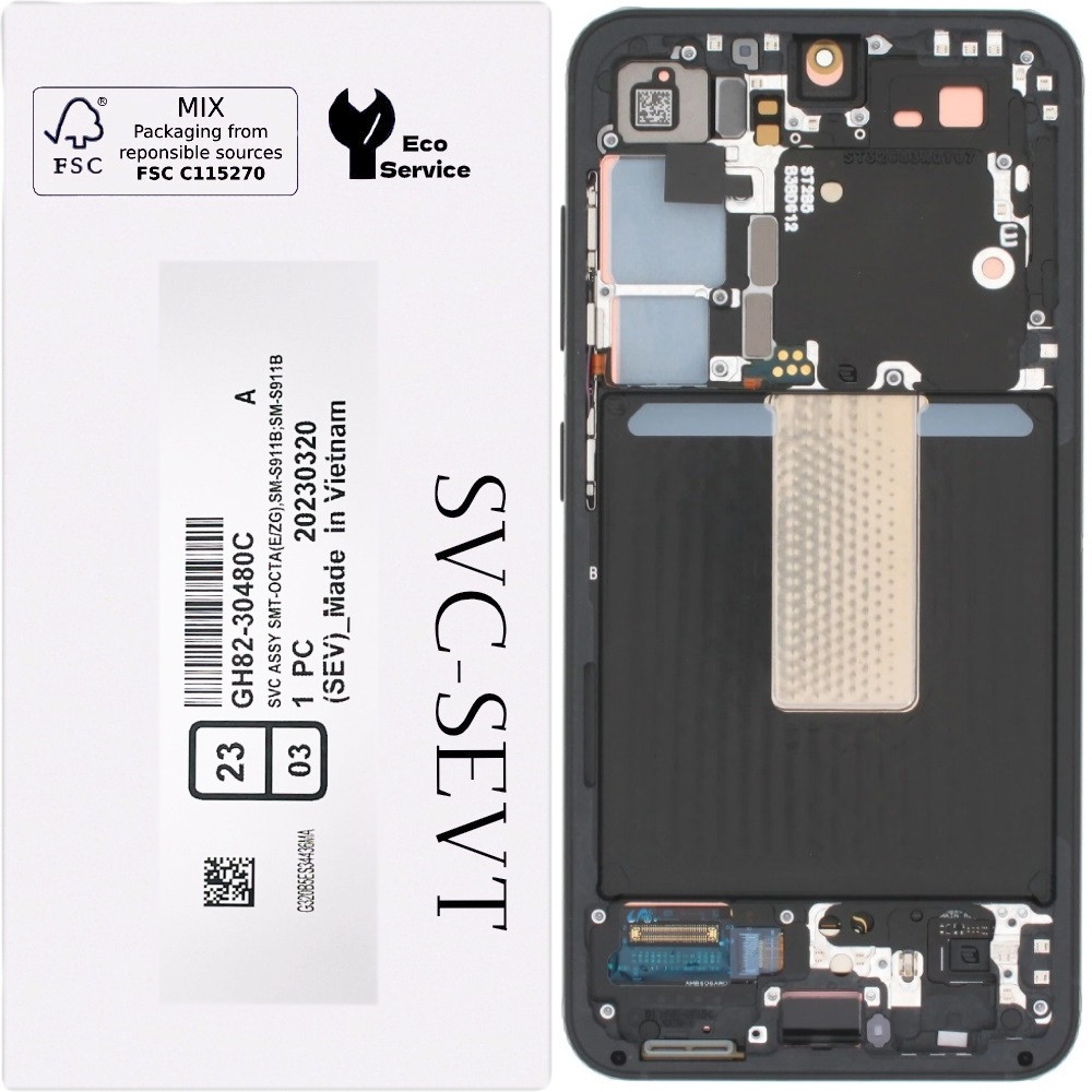 Дисплей Samsung S911 Galaxy S23 чорний, Amoled, оригінал, сервісна упаковка, з рамкою зеленого кольору, Green,, фото 1