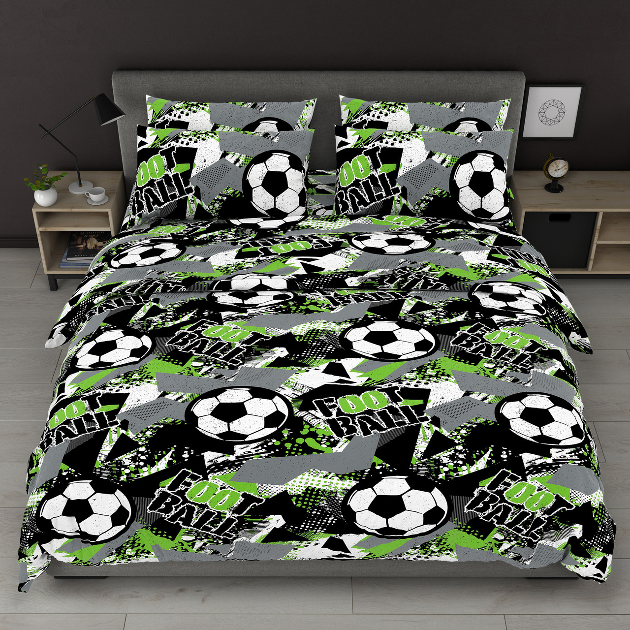 Євро комплект постільної білизни стандартний, принт: Футбол неон