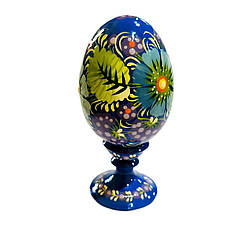 Дерев'яне яйце з підставкою розписане "Блакитне" 6*4,5 см., з петриківським розписом, ручної роботи.