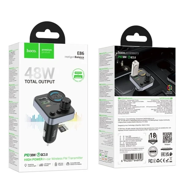 ФМ-модулятор Hoco E86 Alegria Black 48W dual port PD30W+QC3.0, фото 1