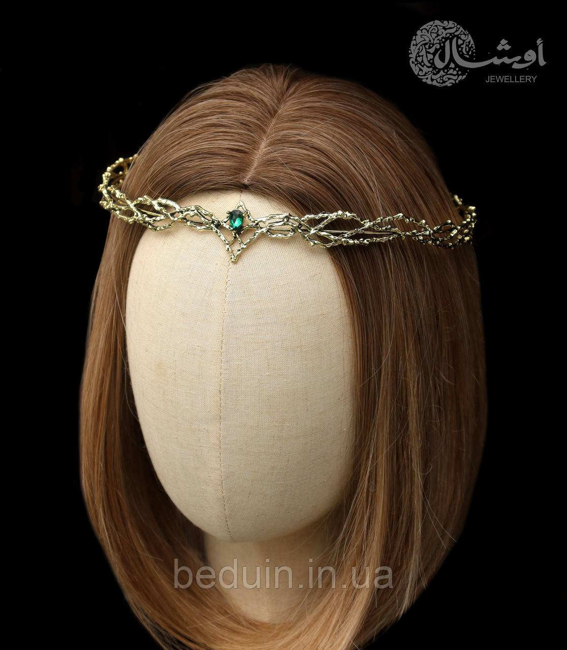 Ельфійська діадема, вінок на голову "Anaire" тіара із зеленим каменем — бронзова