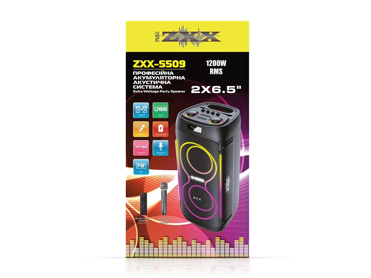 Акустична переносна колонка ZXX-5509 1200Вт 2x6,5" 265х265х620мм TWS/FM/USB/TF/BT/LED/REC/ДК/MIC 1шт 6437