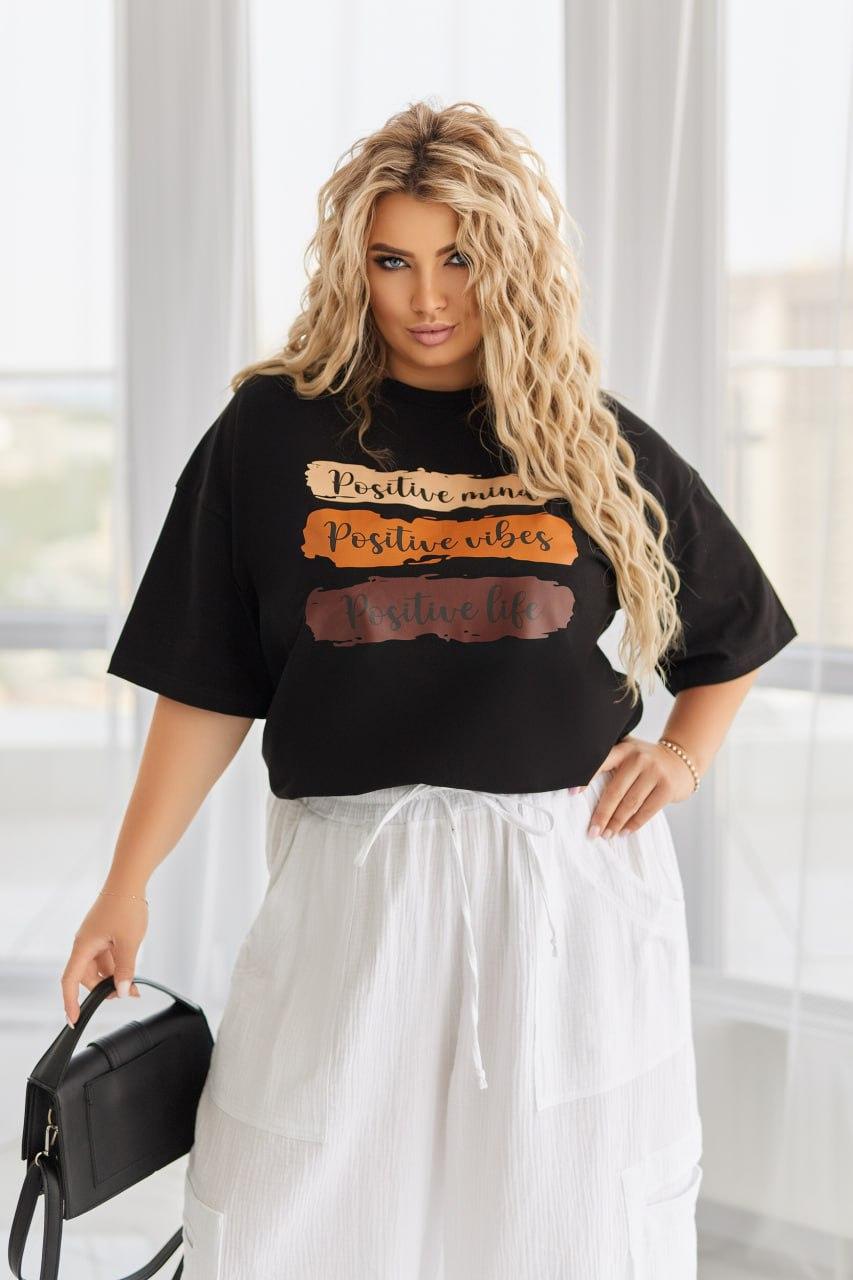 Футболка жіноча ТРИКОТАЖНА р.44-64 ПОЗИТИВ ЧОРНА 5302, фото 1