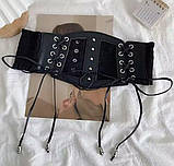 Шкіряний корсет пояс на талію, жіночий корсет з мереживом на шнурівці та кнопках S/M, фото 3