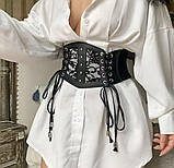 Шкіряний корсет пояс на талію, жіночий корсет з мереживом на шнурівці та кнопках S/M, фото 4