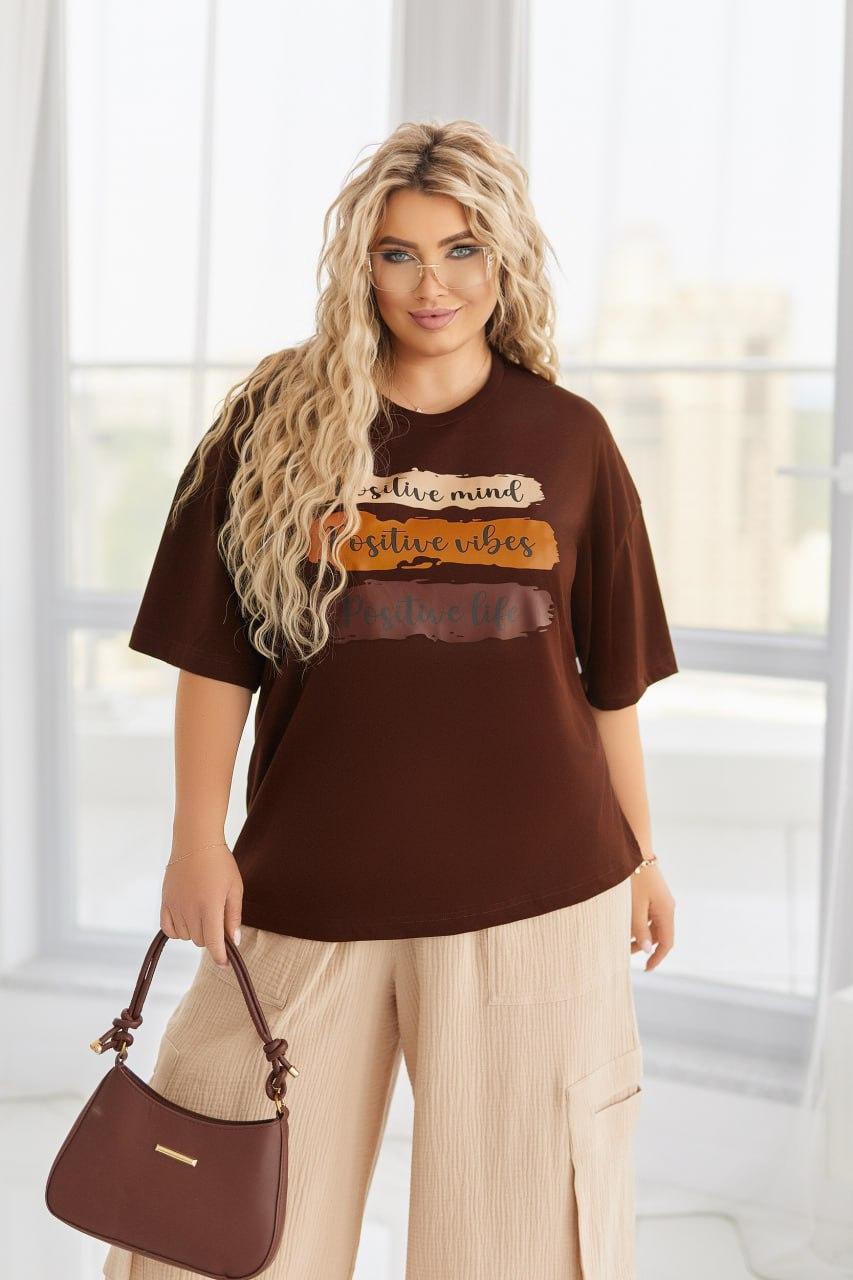 Футболка жіноча ТРИКОТАЖНА р.44-64 ПОЗИТИВ ШОКОЛАД 5302, фото 1