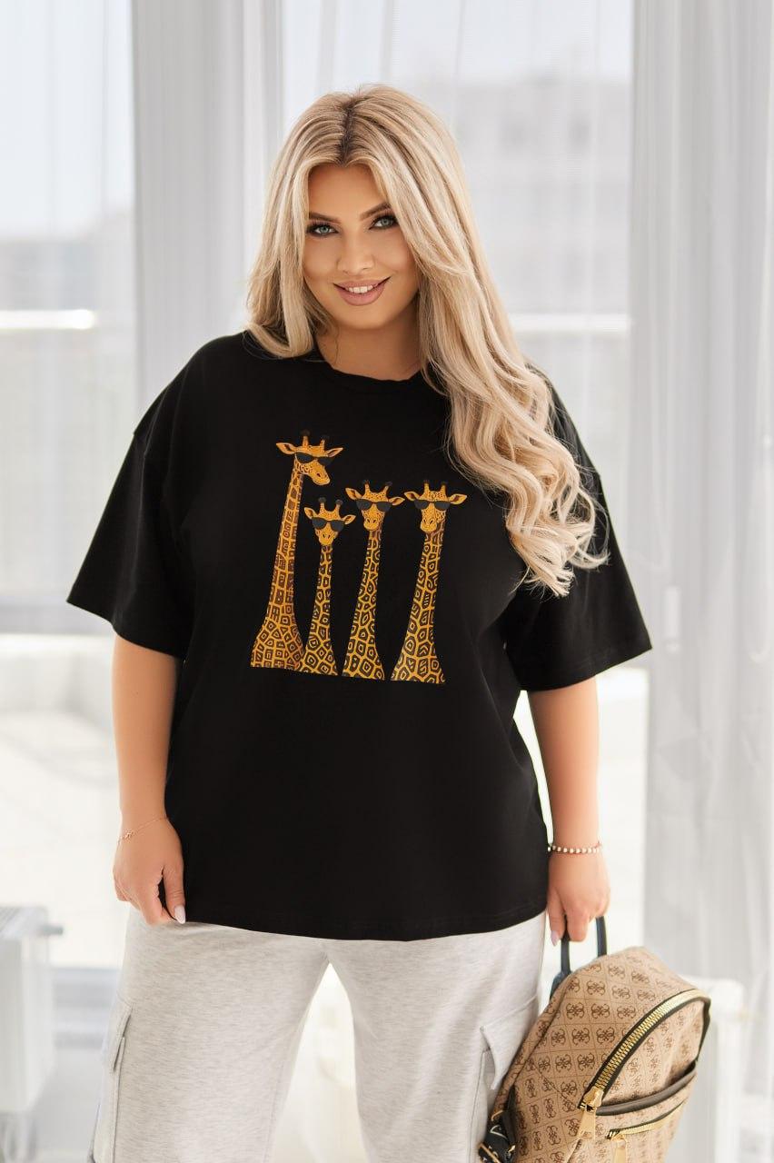 Футболка жіноча ТРИКОТАЖНА р.44-64 ЖИРАФ ЧОРНА 5301, фото 1