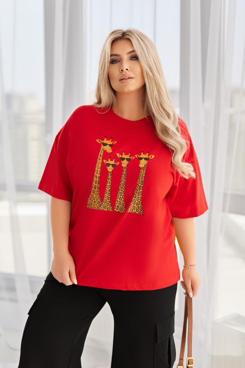 Футболка жіноча ТРИКОТАЖНА р.44-64 ЖИРАФ ЧЕРВОНА 5301, фото 1