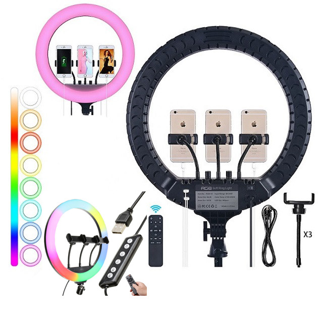 Кільцева LED лампа RGB MJ45 Ring 45 см комплектація адаптер із вбудованим кабелем, тримачі для телефону, пульт, фото 1