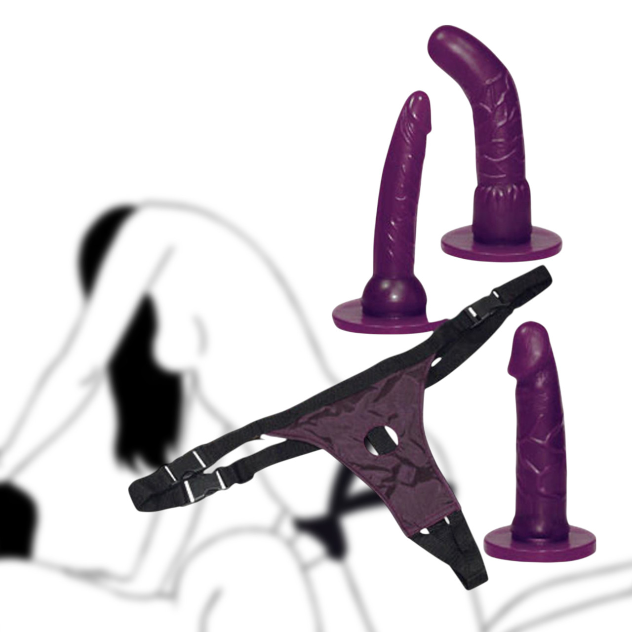 Страпон із трьома змінними фаллосами 3 насадки BAD KITTY STRAP-ON PURPLE, фото 1