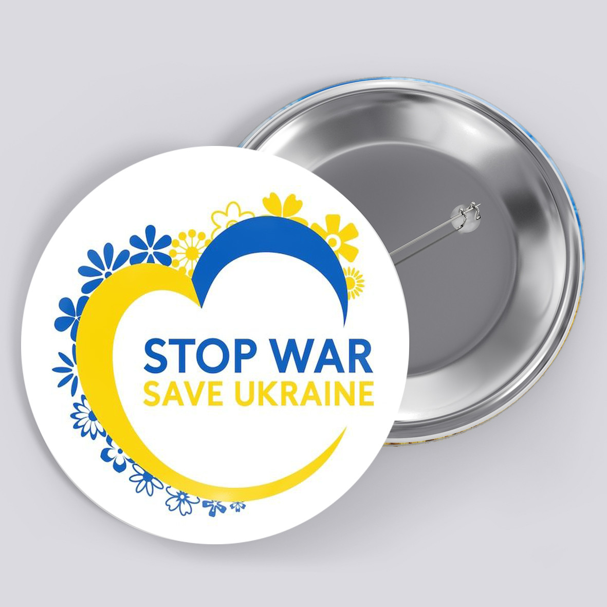 Закатний металевий значок з друком "Stop war! Save Ukraine" (27395)