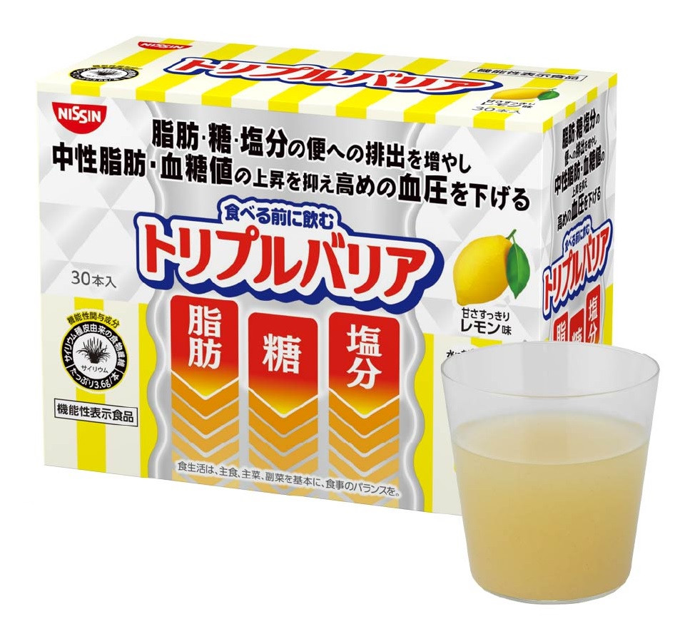 Nissin Foods Triple Barrier Psyllium Напій із лушпиння насіння подорожника, смак лимону, 30 пакетиків х7 г. До 01/2027
