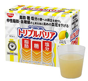 Nissin Foods Triple Barrier Psyllium Напій із лушпиння насіння подорожника, смак лимону, 30 пакетиків х7 г. До 02/2027
