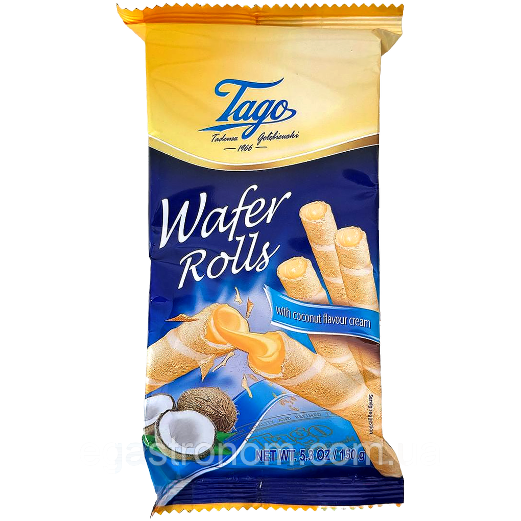 Вафельні трубочки з кокосовим кремом Таго Tago Wafer Rolls coconut 150g 30шт/ящ (Код: 00-00017869), фото 1