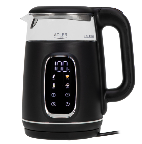 Електричний чайник Adler AD 1305 чорний сріблястий зі світлодіодним підсвічуванням та контролем температури, фото 1
