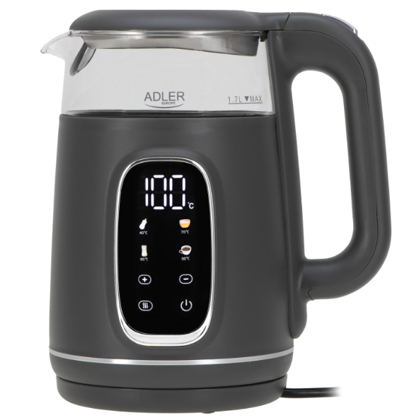 Електричний чайник Adler AD 1305 сірий, скляний, LED, з контролем температури, 1.7 л, фото 1