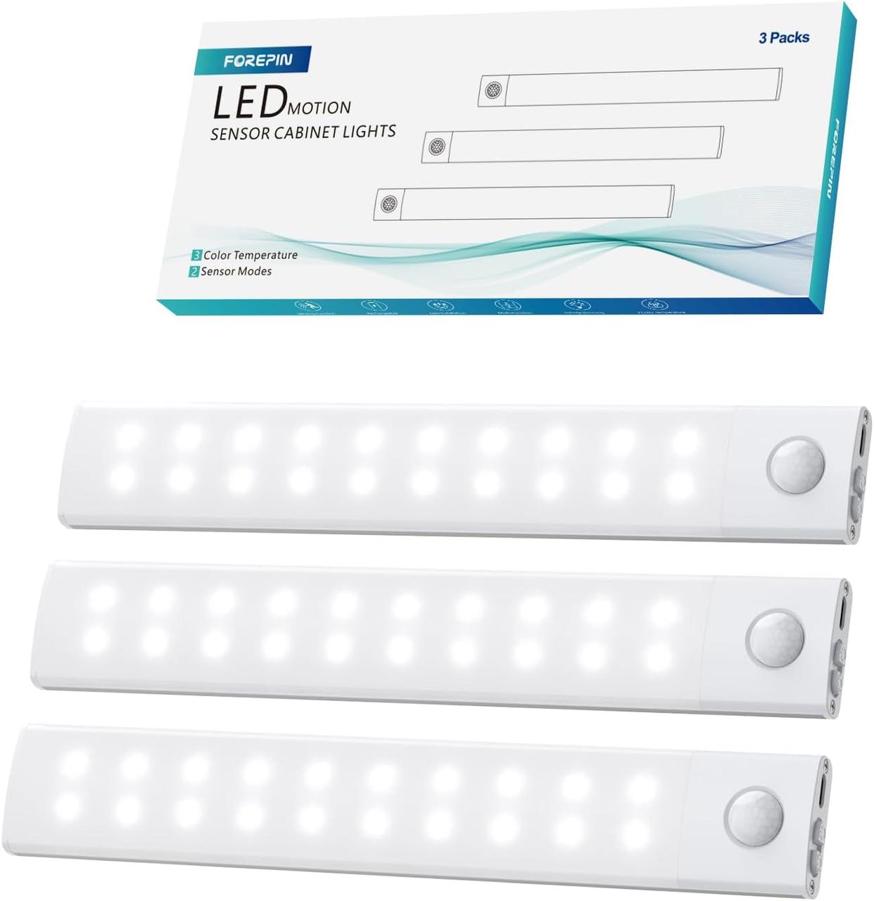 Кухонні світильники Forepin Under Cabinet, 3шт. 40 світлодіодних світильників з датчиком руху з магнітною смугою, 20 см USB, фото 1