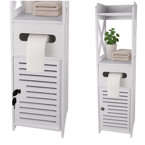 Окремостояча шафка для ванної кімнати з тримачем для туалетного паперу, що замикається, колонна полиця білого кольору  Ruhhy 25763, фото 1