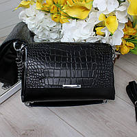 Жіноча сумка через плече шкіряна на 3 відділи чорна натуральна шкіра