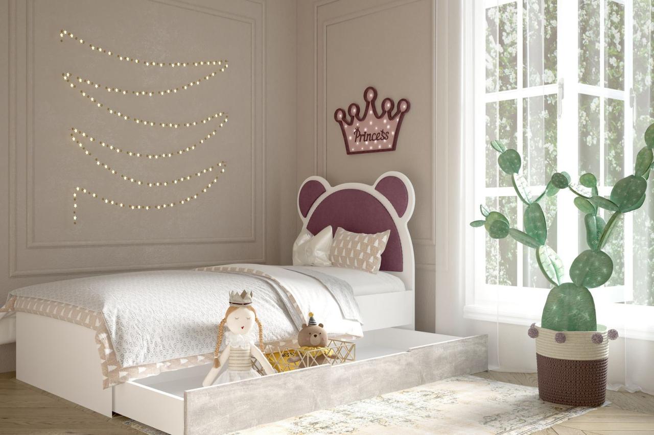 Ліжко дитяче з м'якою спинкою Ведмедик 1.6х0.8 з ящиком та ламелями (1кат), фото 1