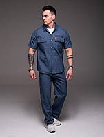 Літній чоловічий комплект костюм L легкий синього кольору з бавовни та поліестеру для відпочинку та роботи