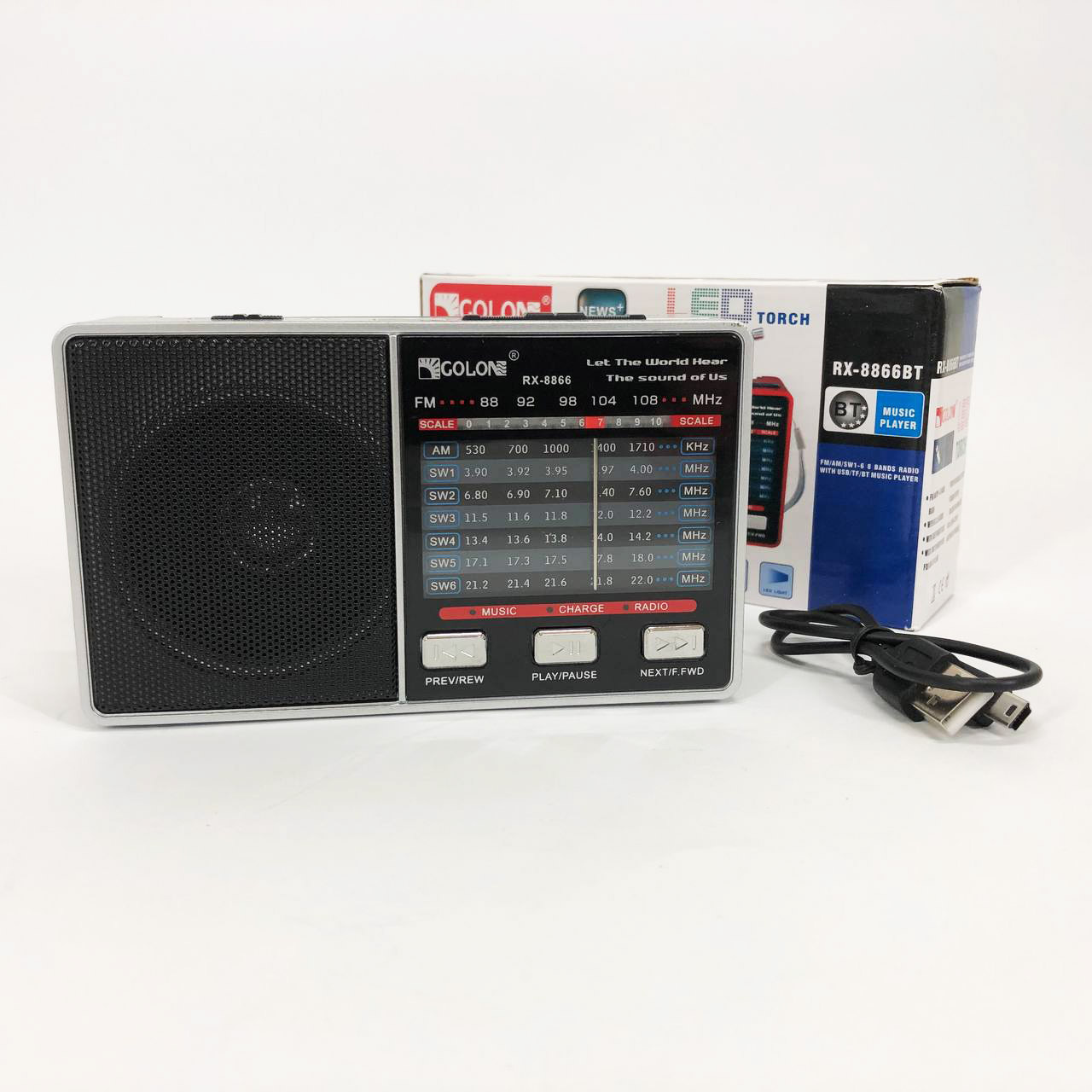 Радіо GOLON RX-8866 цифровий портативний радіоприймач з ліхтариком функцією PowerBank. Колір: білий