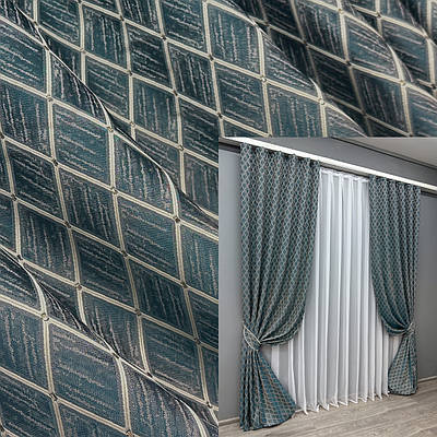 Комплект штор (2шт. 1,5х3м.) жакард, колекція "RUBI". Колір темно-лазурний з молочним. Код 1761ш 33-0721