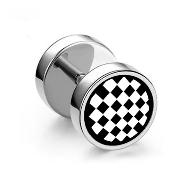 Cережка у формі штанги з малюнком шахова дошка кругла сережки-штанги із сталі, фото 1