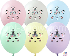 Латексна кулька Show 12" (30 см) Кіт-єдиноріг із квітами