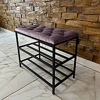 Банкетка з полицями для взуття 60 см з рожевого велюру на металевому чорному каркасі