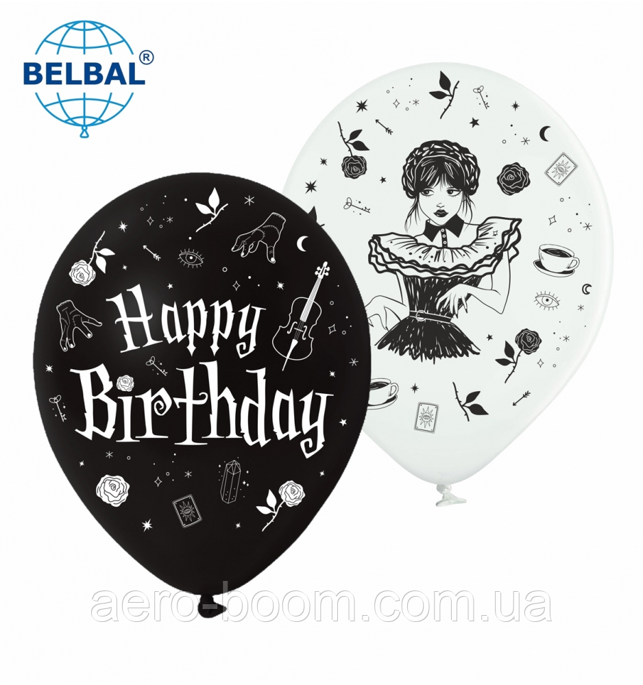 Латексна кулька BELBAL 12"(30 см) Happy Birthday "WEDNESDAY / Венсдей", фото 1