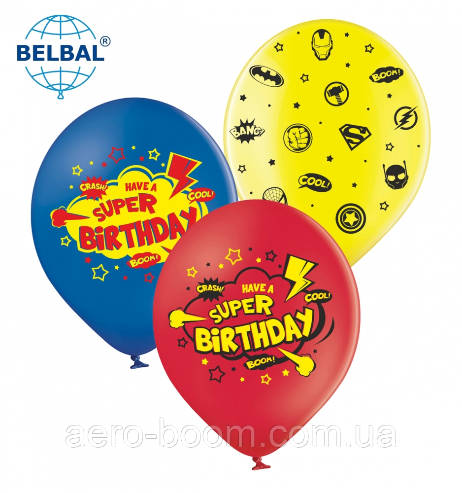 Латексна кулька BELBAL 12"(30 см) Super Birthday Супергерої, фото 1