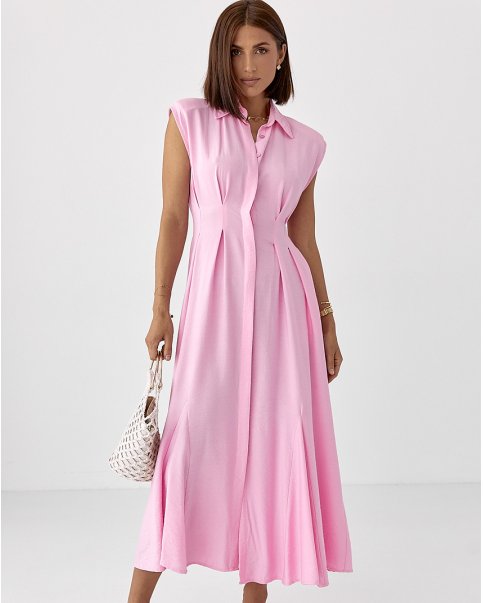 Літня довга жіноча сукня поло без рукавів рожева вільна сукня міді з клинами турецька, фото 1