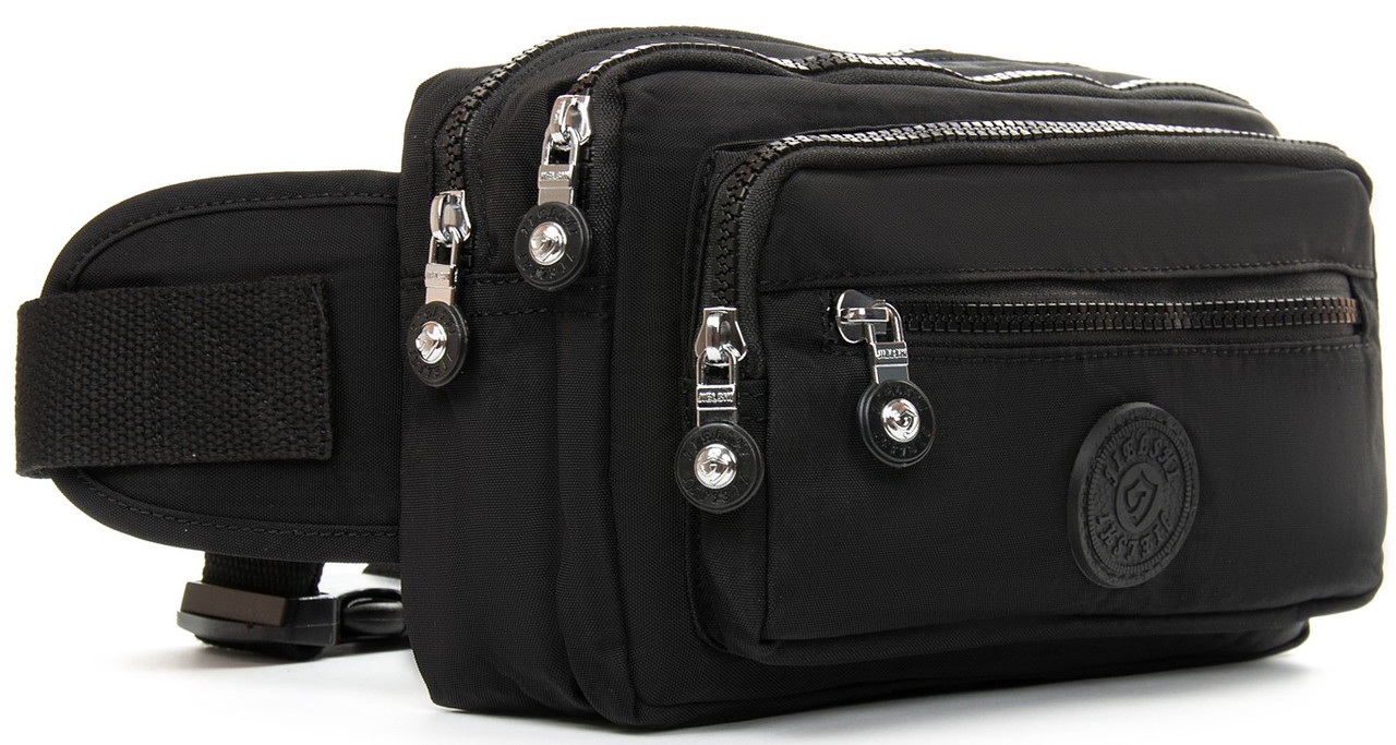 Сумка бананка на пояс на три змійки блискавки жіноча чорна тканинна кроссбоді текстильна Jielshi ZT-019