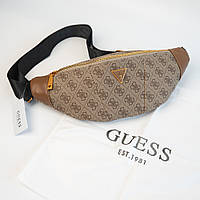 Чоловіча брендова сумка бананка на пояс і на груди (слінг) Guess (7518) світло коричнева