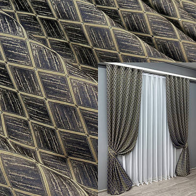 Комплект штор (2шт. 1,5х3м.) жакард, колекція "RUBI". Колір темно-синій з бежевим. Код 1759ш 33-0720