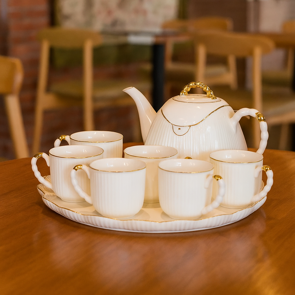 Чайний сервіз Lugi на 6 персон з чайником 1.5 л та підставкою, кераміка біла із золотистим оздобленням, фото 1