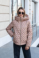 Куртка демісезонна жіноча коротка стьогана з плащовки з капюшоном пудрового кольору